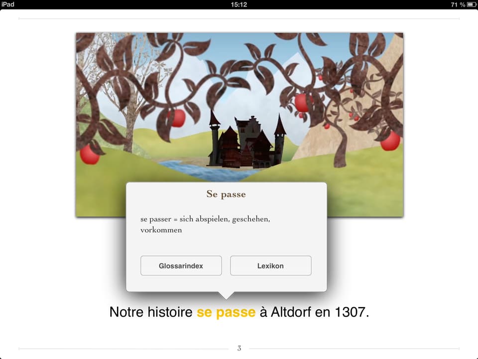 Ein Screenshot des iBooks zeigt eine Märchenlandschaft und die Worte Se passe