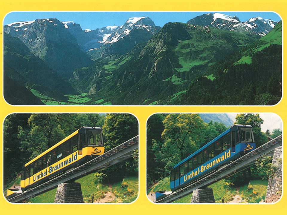 Braunwaldbahn Wagen blau und gelb 1997 bis 2007