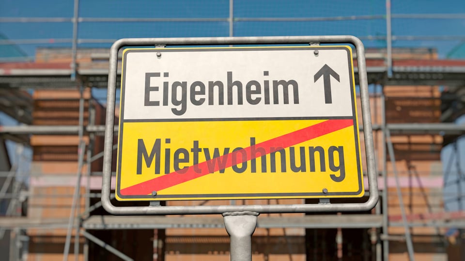 Ein Schild mit der Aufschrift «Eigenheim» und «Mietwohnung». «Mietwohnung» durchgestrichen.
