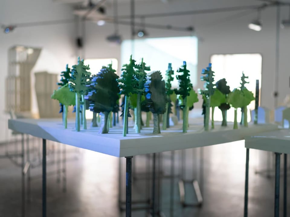 Kleine grüne Baum-Modelle auf einem Tisch