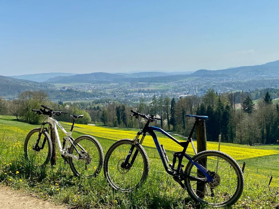 Im Vordergrund 2 Fahrräder, dahinter blühende Landschaft, blauer Himmel und Sonne.