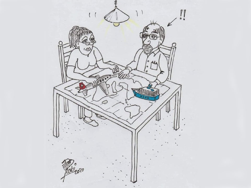 Zeichnung eines Paars, das gemeinsam an einem Tisch sitzt mit einer Landkarte