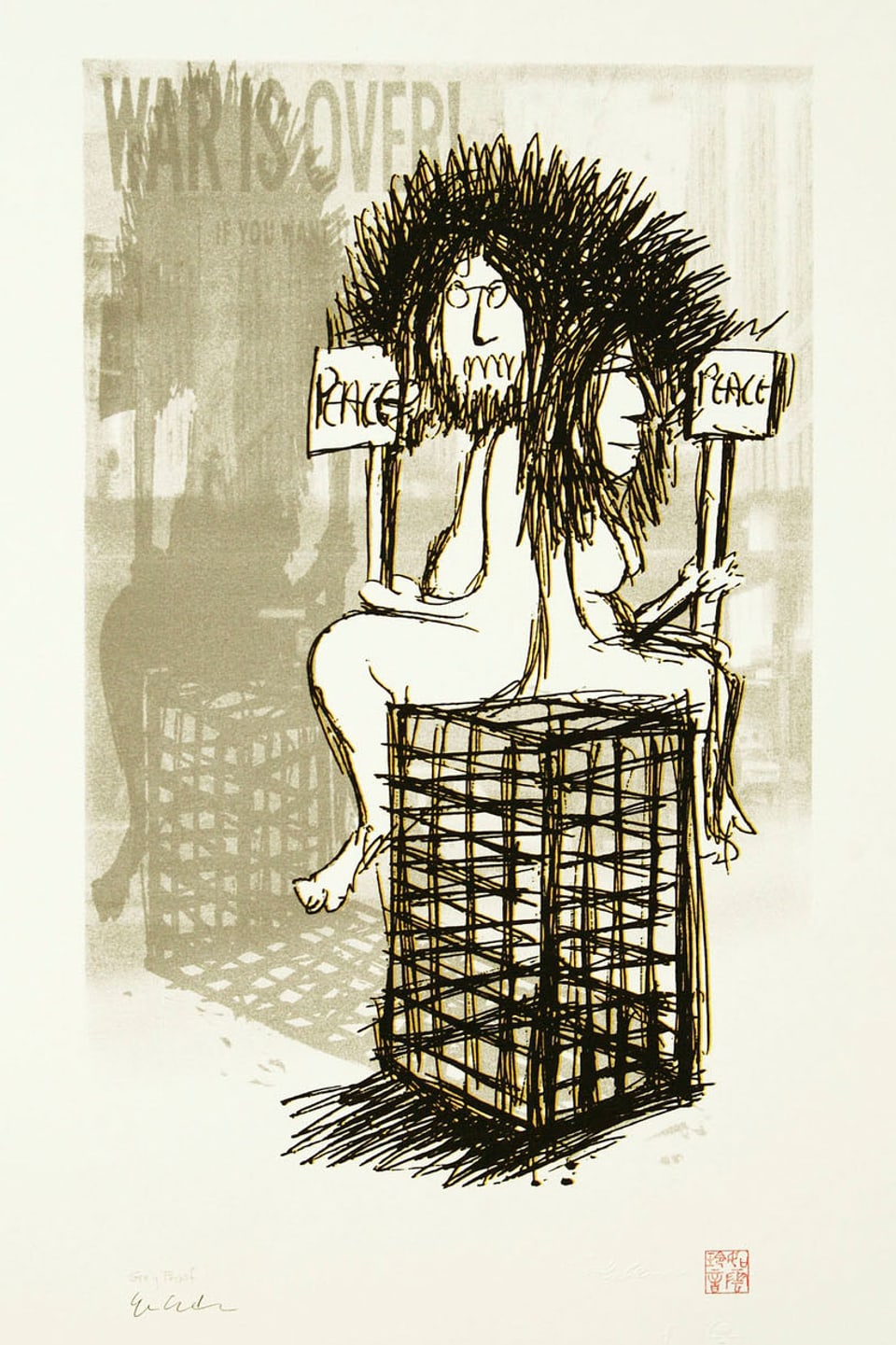John Lennons Zeichnung «War is Over». Sie zeigt einen Mann und eine Frau auf einem Käfig sitzend, beide halten ein Schild mit der Aufschrift "Peace".
