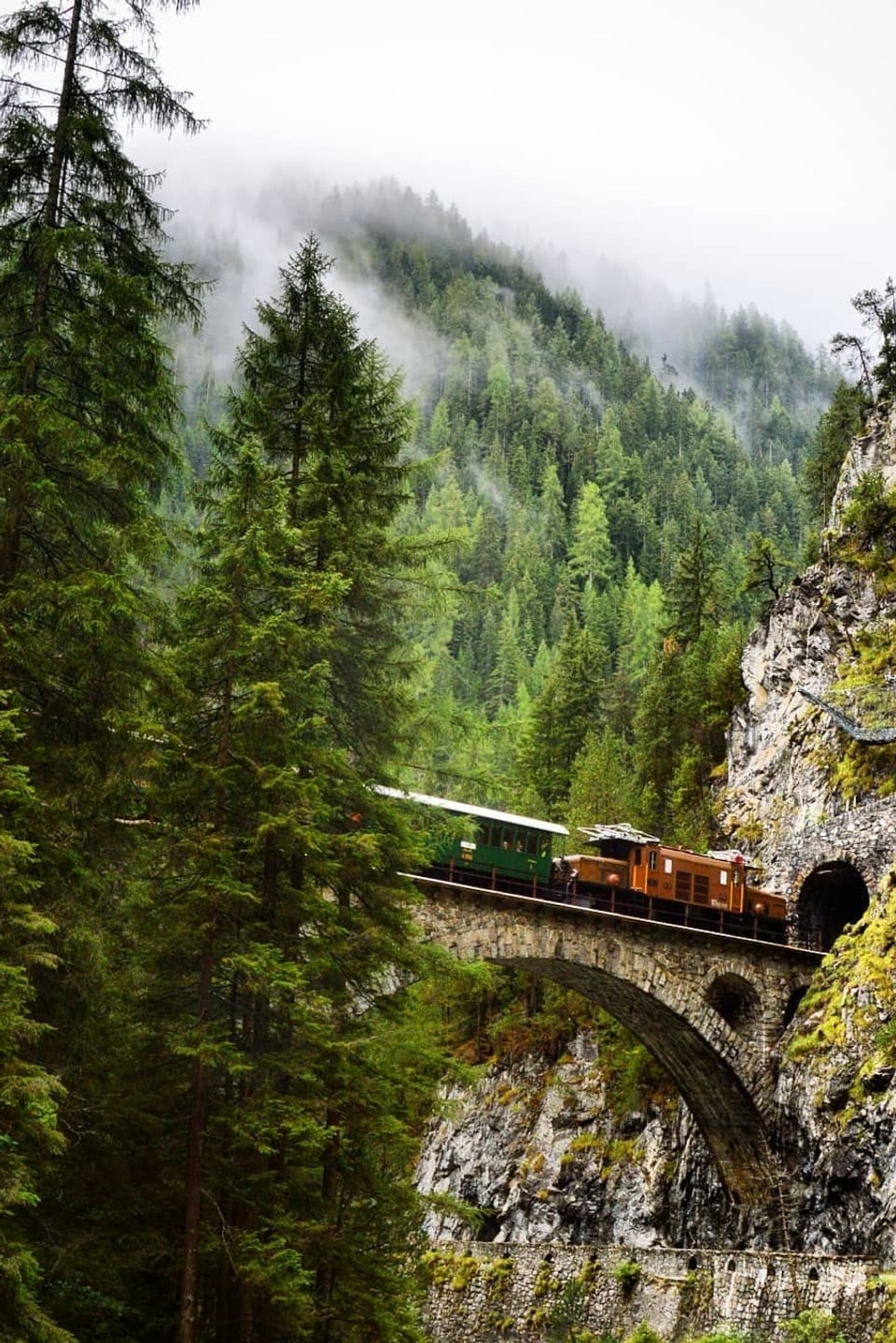 Ein Zug fährt in einer Schlucht über eine Brücke.