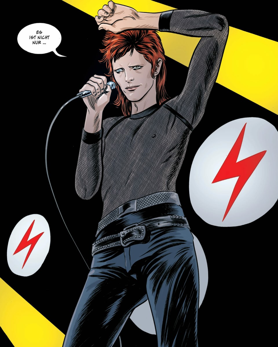 Comic Zeichnung von David Bowie mit roten Haaren und Mikrofon in der Hand
