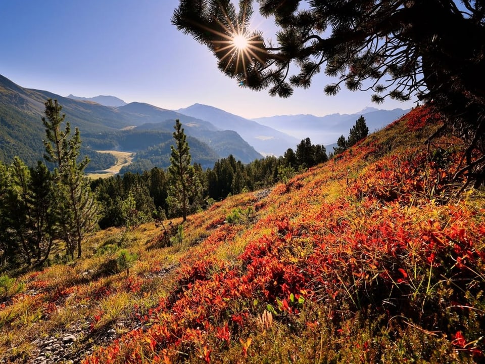 Rote und ockerfarbenen Bergwelt mit blauem Himmel und strahlender Sonne.