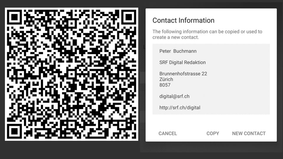 Rechts QR-Code, links Screenshot einer App.