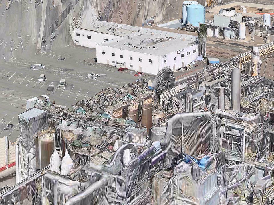 3D-Kartenansicht: eine Fabrik, durch Bildfehler verzogen und schief dargestellt.