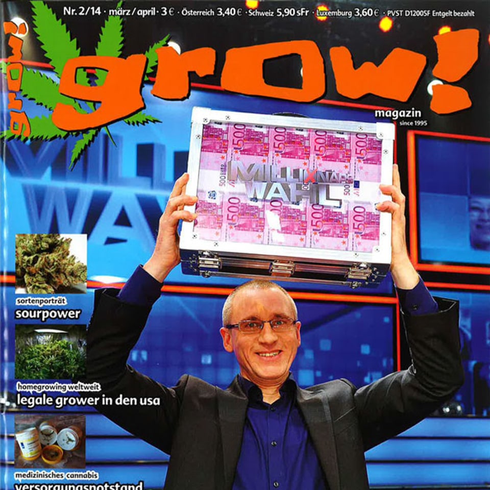 Cover der Zeitschrift Grow. Ein Mann hält einen Geldkoffer in die Höhe.