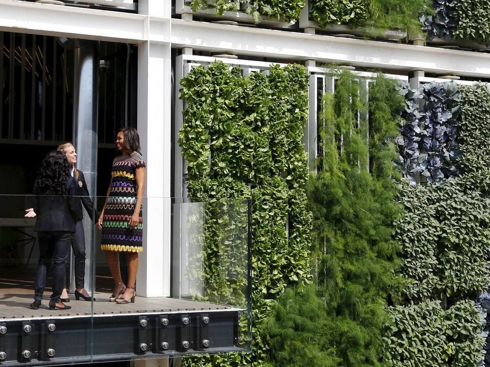 Michelle Obama an der Fassade des grün ummantelten US-Pavillons