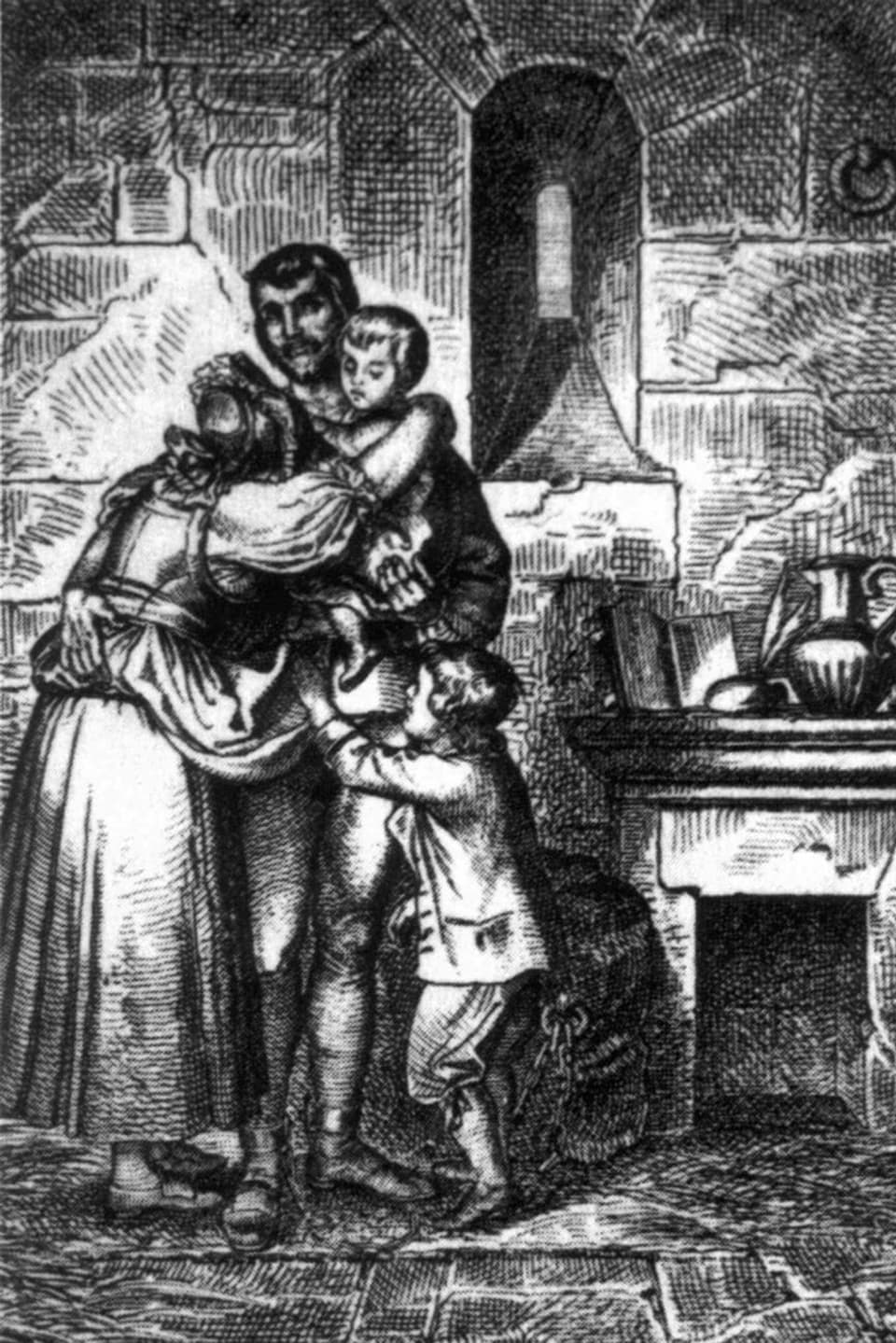 Schwarzweiss-Szene, Frau und zwei Kinder umarmen Mann
