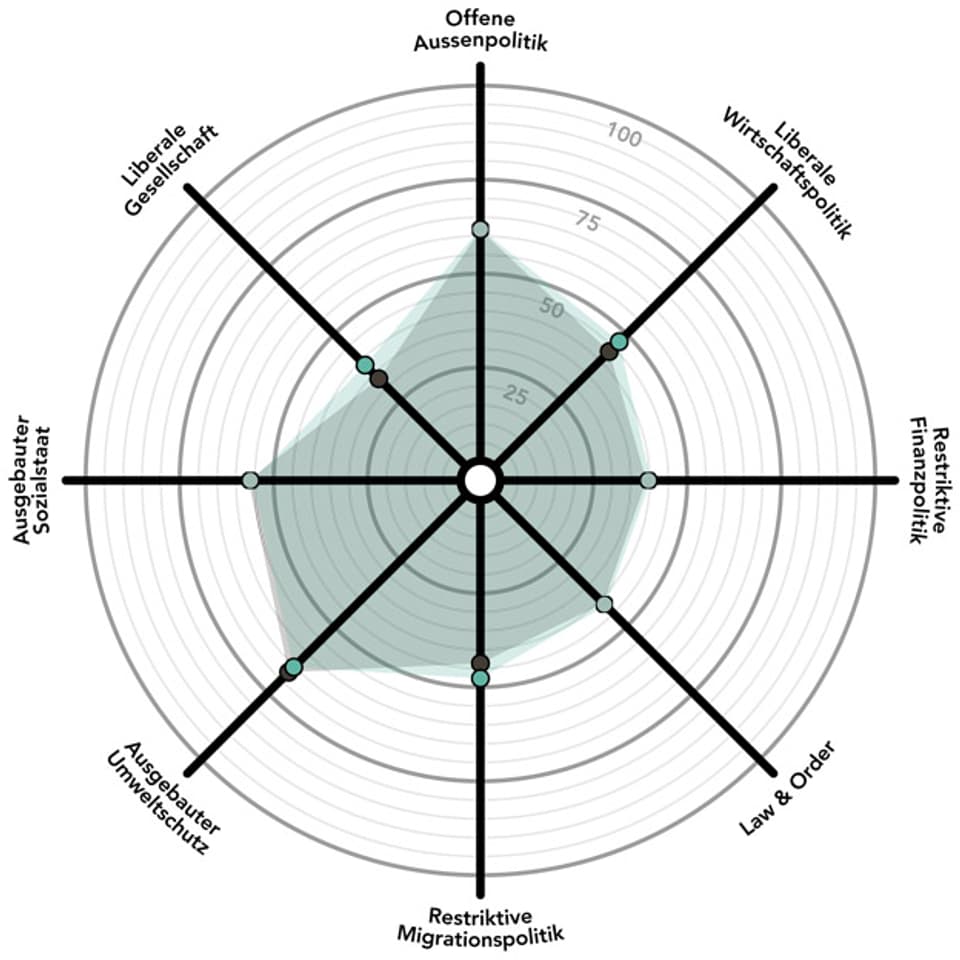 Das politische Profil der EVP in einem Spinnendiagramm.
