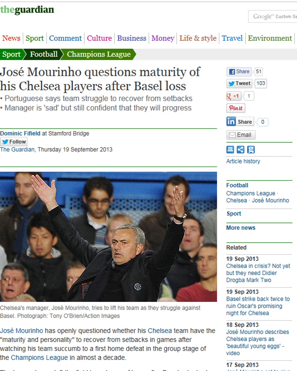 José Mourinho stellt die Reife seiner Spieler nach der Niederlage gegen Basel in Frage.