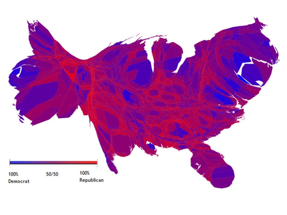 Auch diese Darstellung zur Präsidentschaftswahl in den USA ist ein Kartogramm: Die Grösse der «Countys» genannten Verwaltungsbezirke entspricht ihrer Bevölkerungszahl.