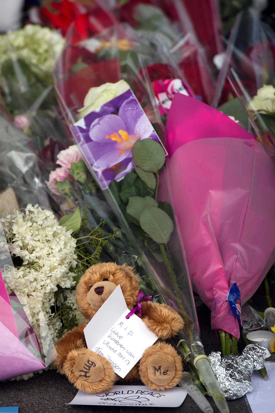 Am Flughafen Schiphol in Amsterdam, wo MH17 am Donnerstagmittag startete, haben Menschen Blumen und Plüschtiere niedergelegt. 