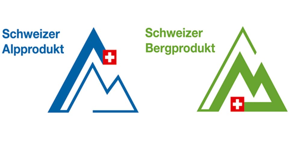 Eine blaue Alp, ein grüner Bergkamm. Zwei stilisierte Piktogramme mit einem Schweizerkreuz als Abschluss 