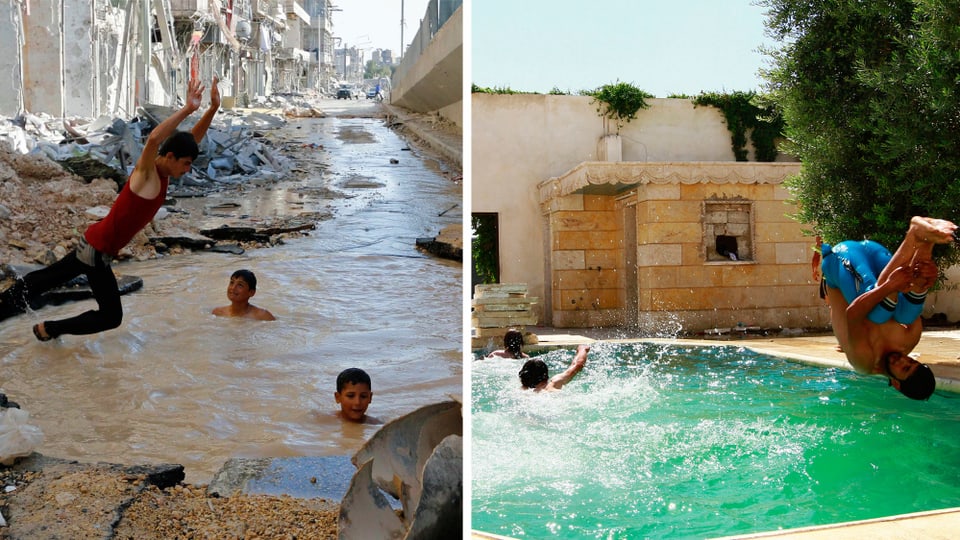 Fotocollage. Ein Bild zeigt, wie Buben in einem mit Regenwasser gefüllten Bombenkrater baden. Das andere Bild zeigt Buben, die in einen Swimmingpool springen.