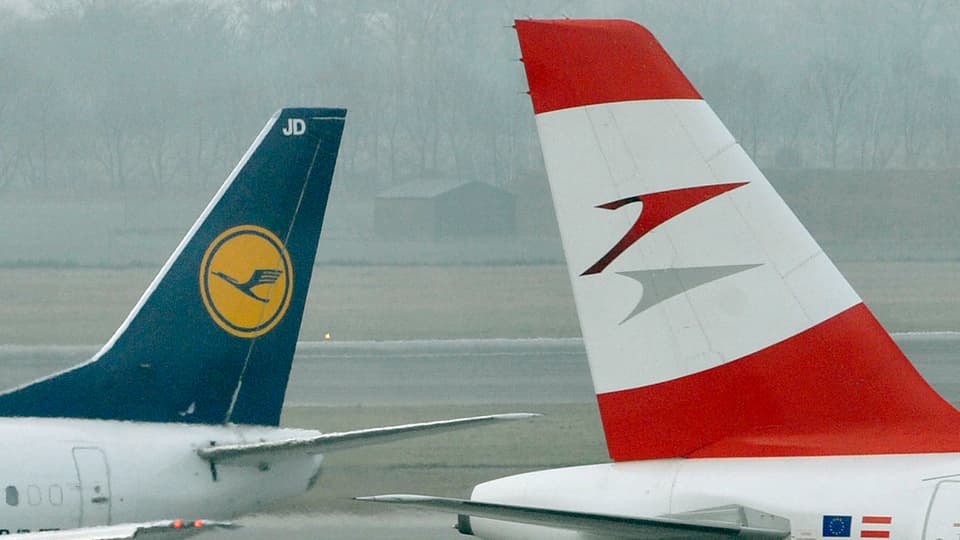 Bemaltes Heck einer Lufthansa- und einer Austrian-Airlines-Maschine