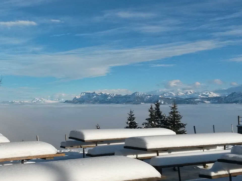 Im Vordergrund stehen Tische und Bänke unter einer Schneedecke. Dahinter sind Tannen und dann das Nebelmeer zu sehen. Im Hintergrund kann man verschneite Berge erkennen. Am Himmel halten sich einige Schleierwolken.