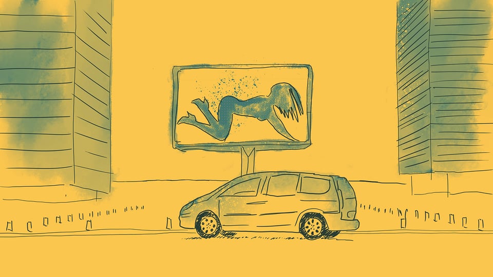 eine Illustration einer Strasse, mit einem Auto und einem Plakat einer halbnackten Frau