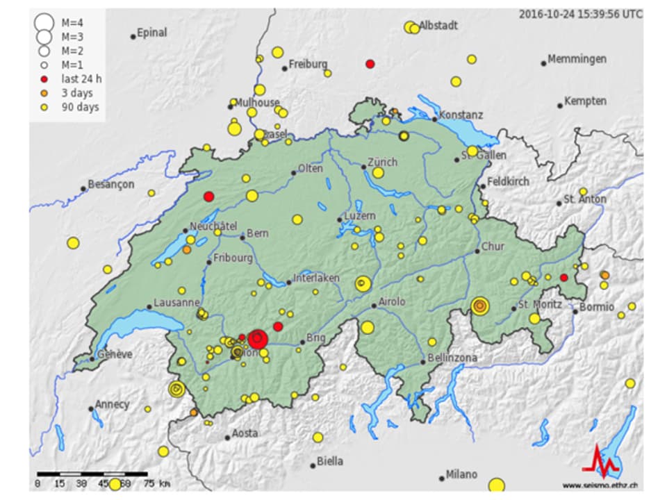 Karte der aktuellen Erdbeben in der Schweiz.