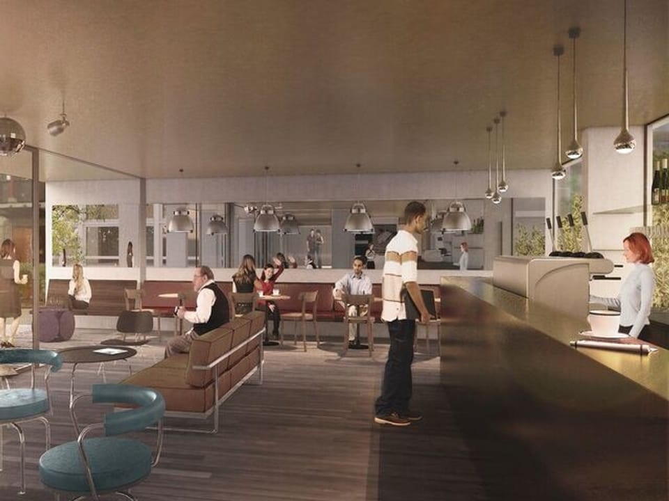 Visualisierung des Lounge- und Bar-Bereichs in der umgebauten Jugendherberge.