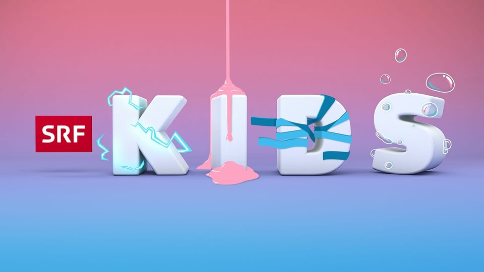 Das Logo des Youtube-Kanals SRF Kids. Das Buchstaben des Worts KIDS sind grau, eingepackt in Geschenkpapier, bruzzeln mit Elektrizität oder sind mit Seifenblasen behaftet.