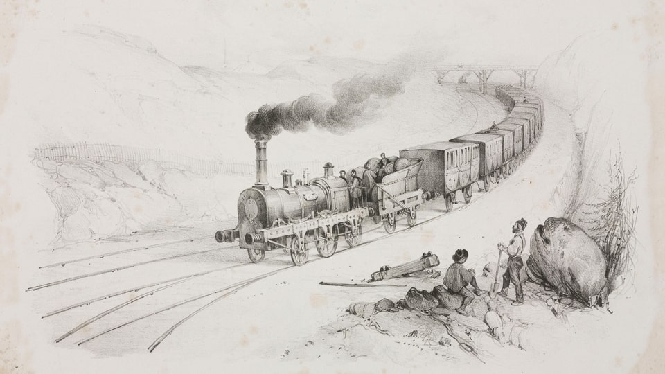 eine schwarz-weiss Zeichnung einer Eisenbahn