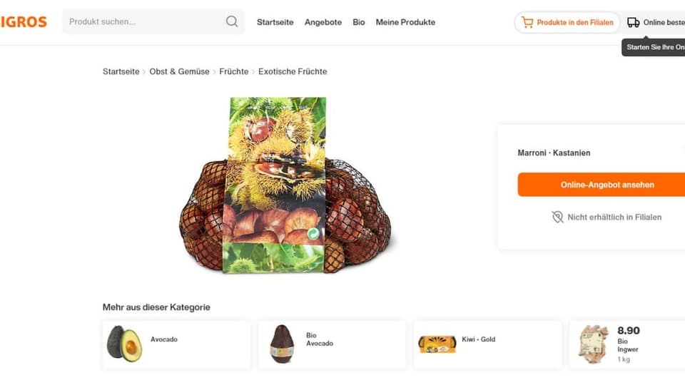 Die verwirrende Beschriftung im Onlineshop will Migros anpassen Marroni/Kastanien: Die unklare Beschriftung im Onlineshop der Migros.