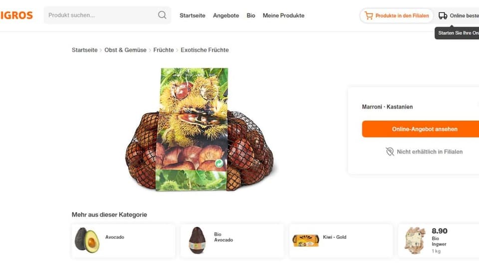 Marroni/Kastanien: Die unklare Beschriftung im Onlineshop der Migros.