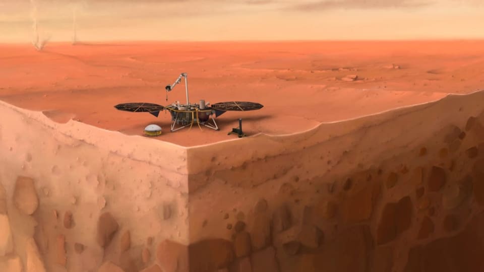 eine Darstellung eines Messgeräts und verschiedener Schichten des Planeten Mars