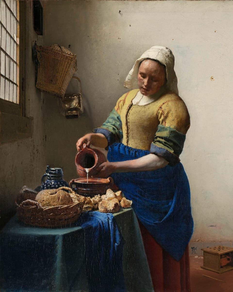 Gemälde, das eine Frau zeigt, die Milch einschenkt.