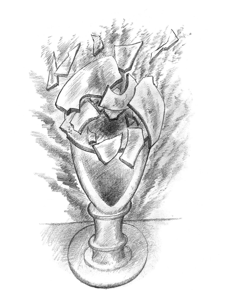 Zeichnung einer Vase, deren oberer Teil zerbricht.