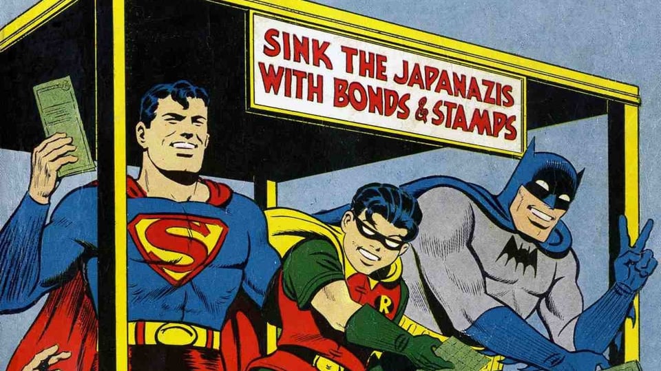 Superman, Batman und Robin verkaufen Kriegsanleihen.