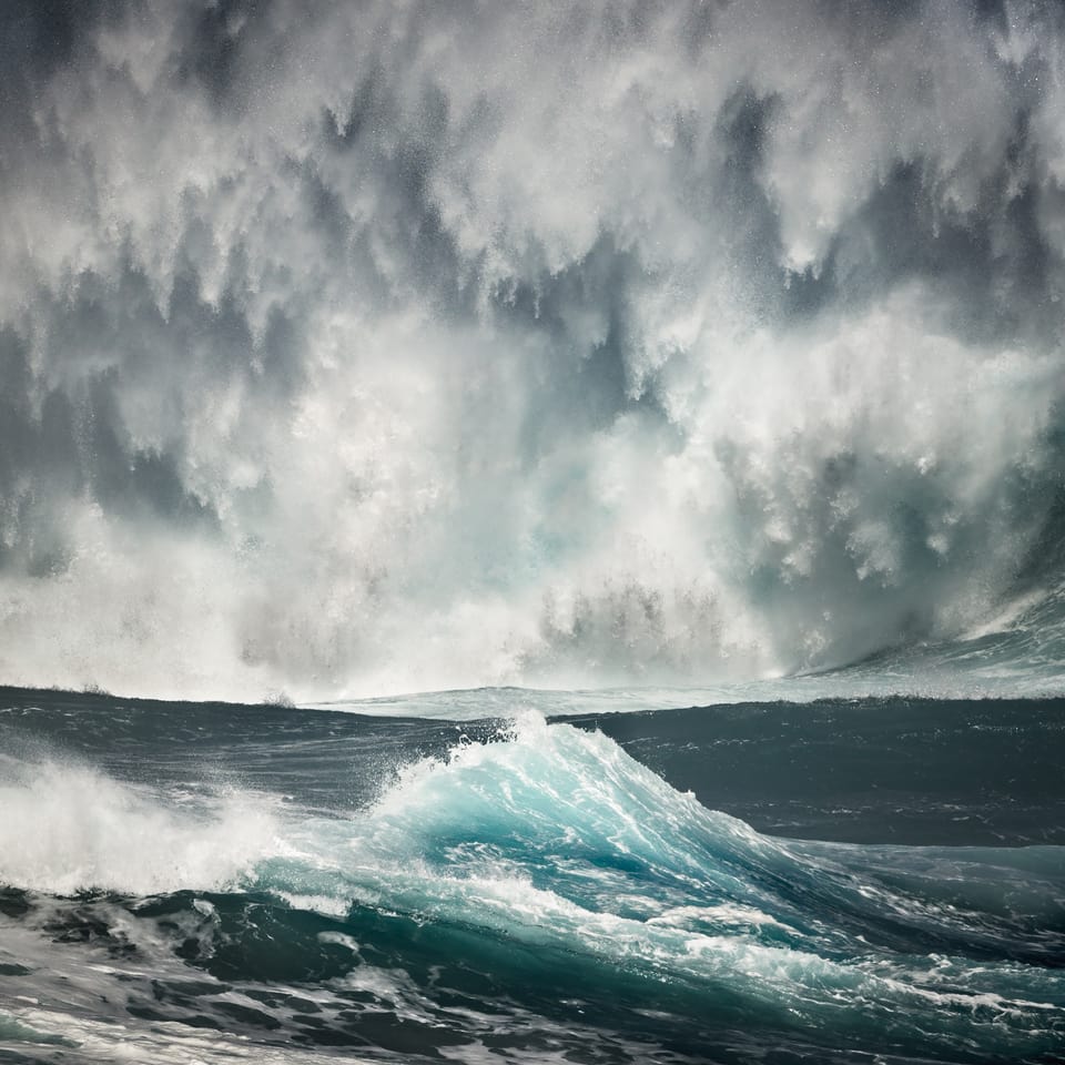 Auf dem Meer stürmt es, grosse Wellen, auch im Himmel ist überall Wasser das herunterstürzt wie ein Wasserfall.