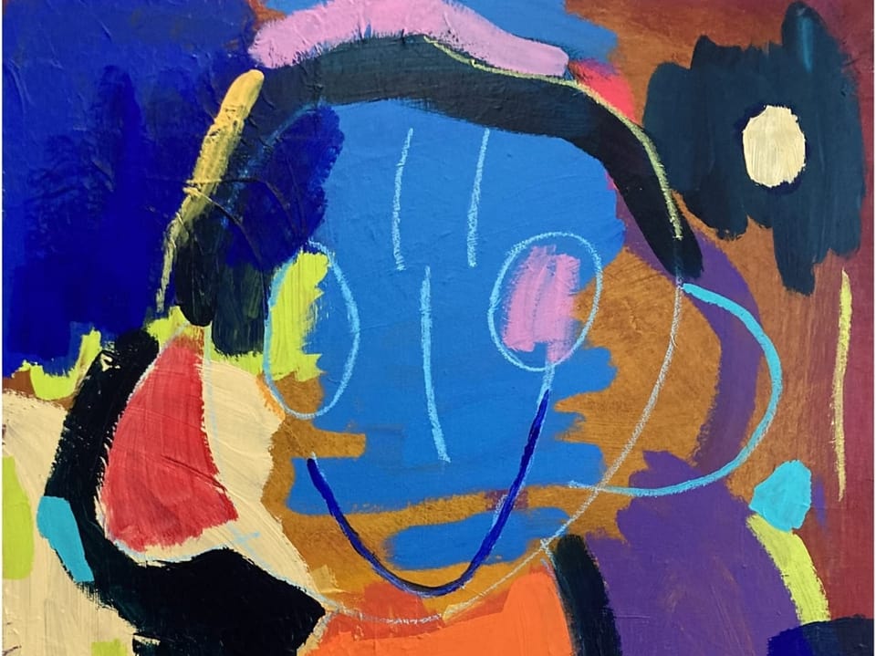 Abstraktes Gemälde mit bunten Farben und einer lächelnden Figur.