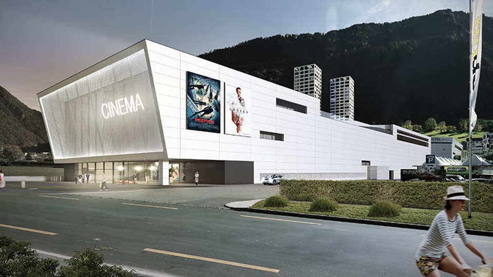 Visualisierung des Kinos, ein modernes, weisses Gebäude.