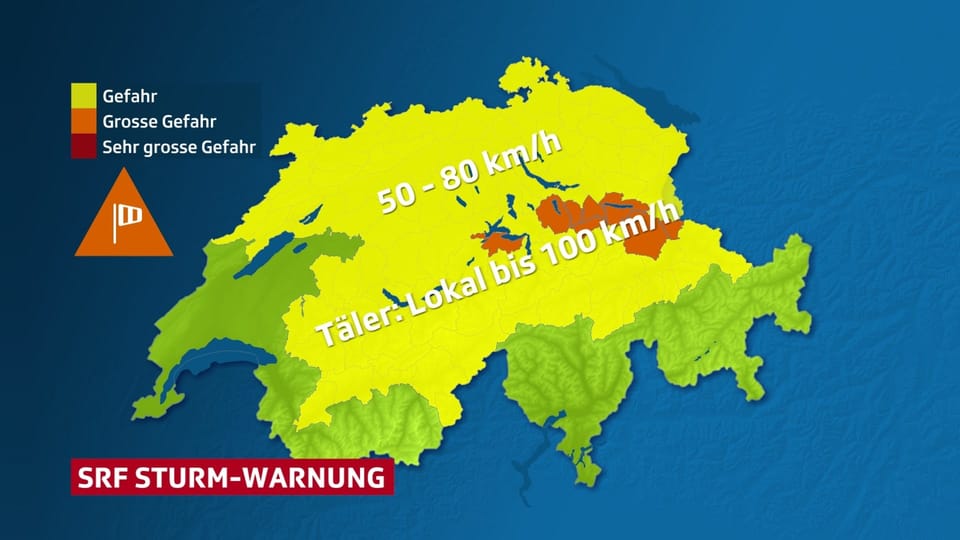 Schweizerkarte mit Windwarnungen. Viele Regionen sind gelb, Stufe 1. 