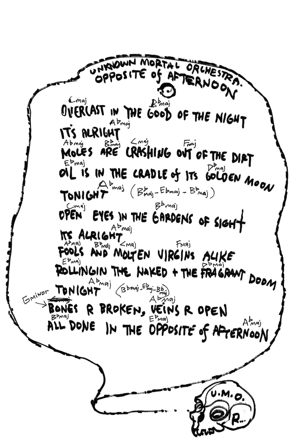 Handgeschriebener Songtext, darunter ist ein Totenschädel gezeichnet.