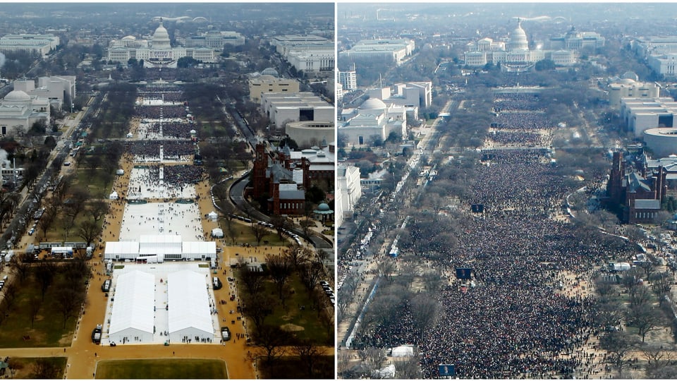 Der berühmt gewordene Vergleich der Inauguration von Donald Trump (links) und Barack Obama (rechts). 