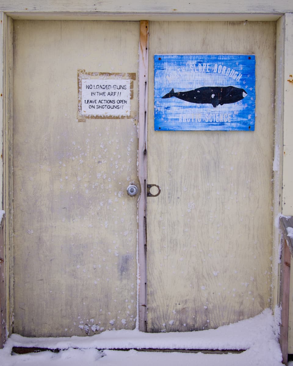 Eine Eingangstür mit einem blauen Schild, auf dem ein Wal zu sehen ist.