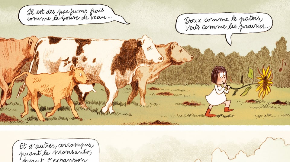 Comic eines Mädchens auf einer Kuhwiese. 