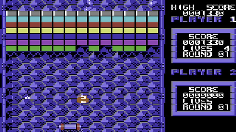 Ein Bildschirmfoto des Commodore-64-Games «Arkanoid»