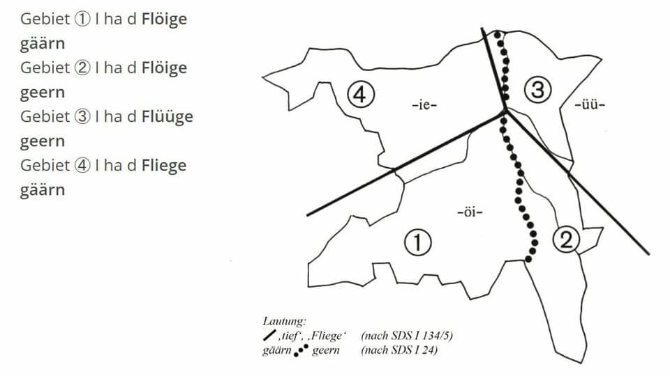 Karte des Aargaus. Der Kanton ist dabei in vier Mundartregionen unterteilt. 