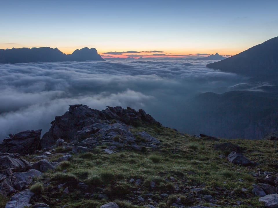 Vor dem Sonnenaufgang bei blauem Himmel: Im Vordergrund Wiese und Fels, darunter ein Nebelmeer.