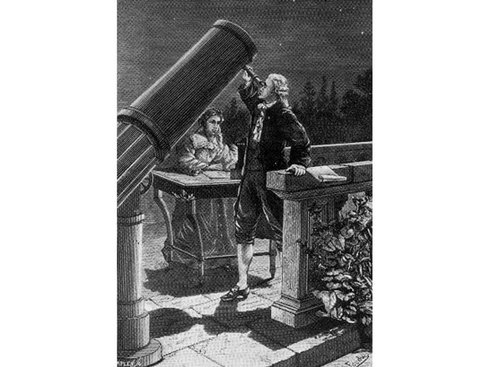 Auf dem Bild sind Wilhelm und Caroline Herschel zu sehen.
