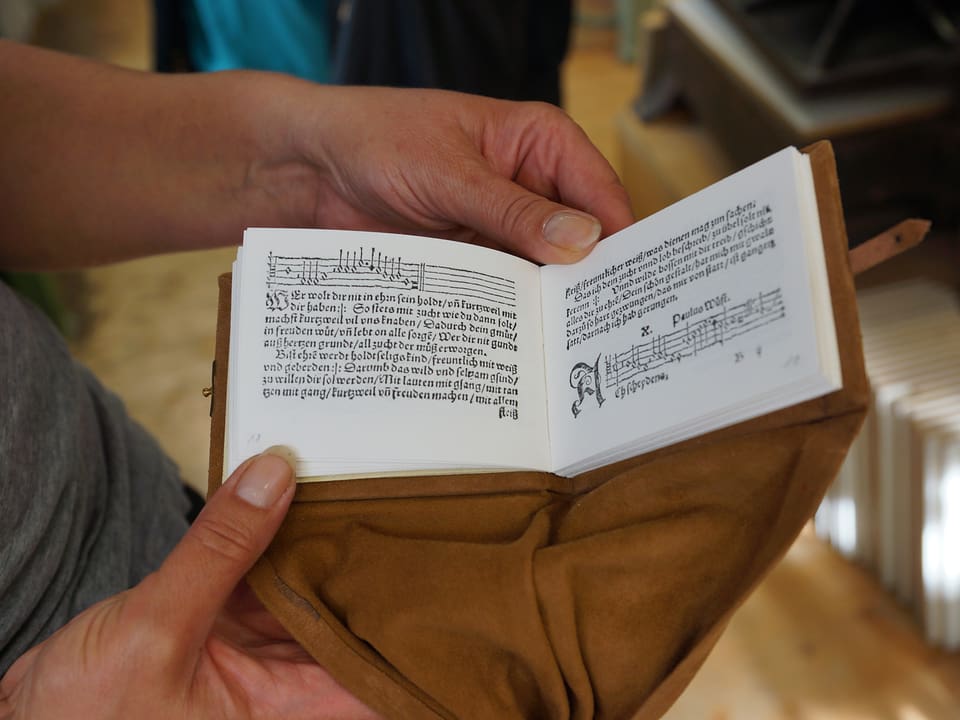 Ein kleines altes aufgeschlagenes Buch in den Händen einer Frau.