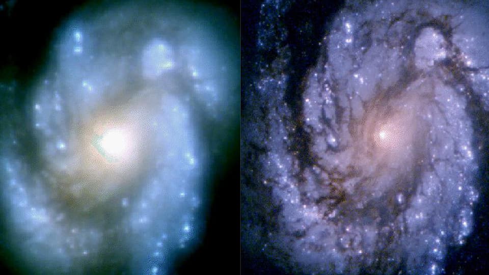Die Galaxie M 100 vor und nach der Reparatur.