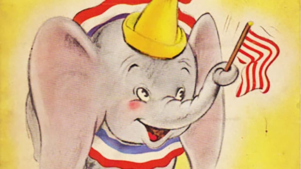 Ausschnitt aus einem Buchcover, darauf zu sehen ein lachender Elefant, der mit dem Rüssel eine Fahne schwingt