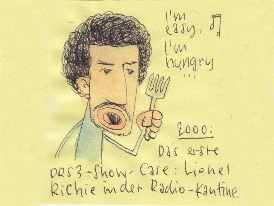 Zu sehen ist ein gezeichneter Lionel Richie mit Gabel in der Hand. Er singt: I`m easy, I`m hungry.